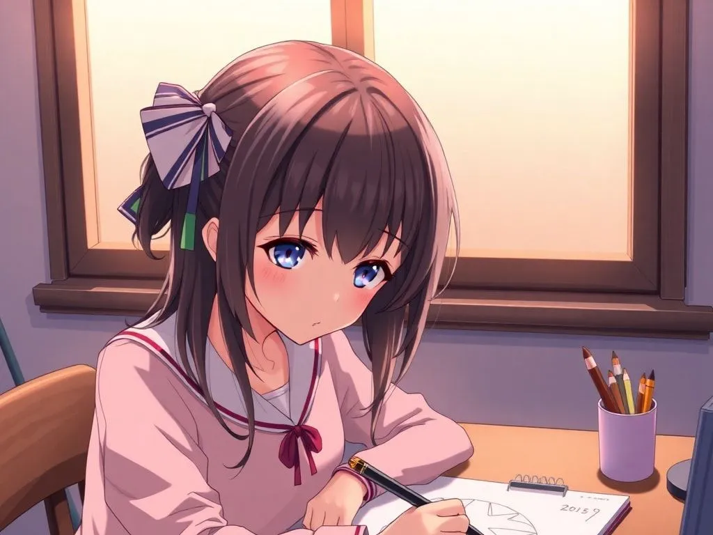 anime girl sits at desk drawing